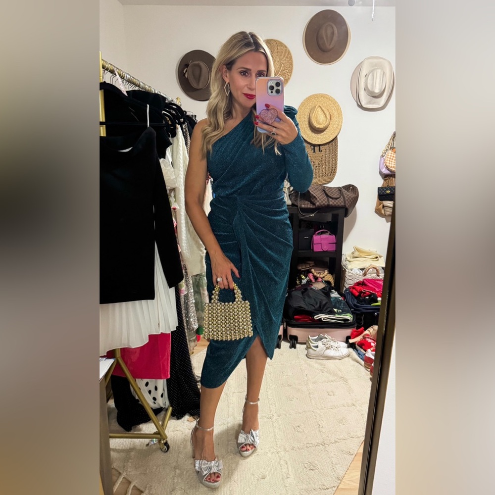 SHEIN One-Shoulder Glitter Teal Dress
